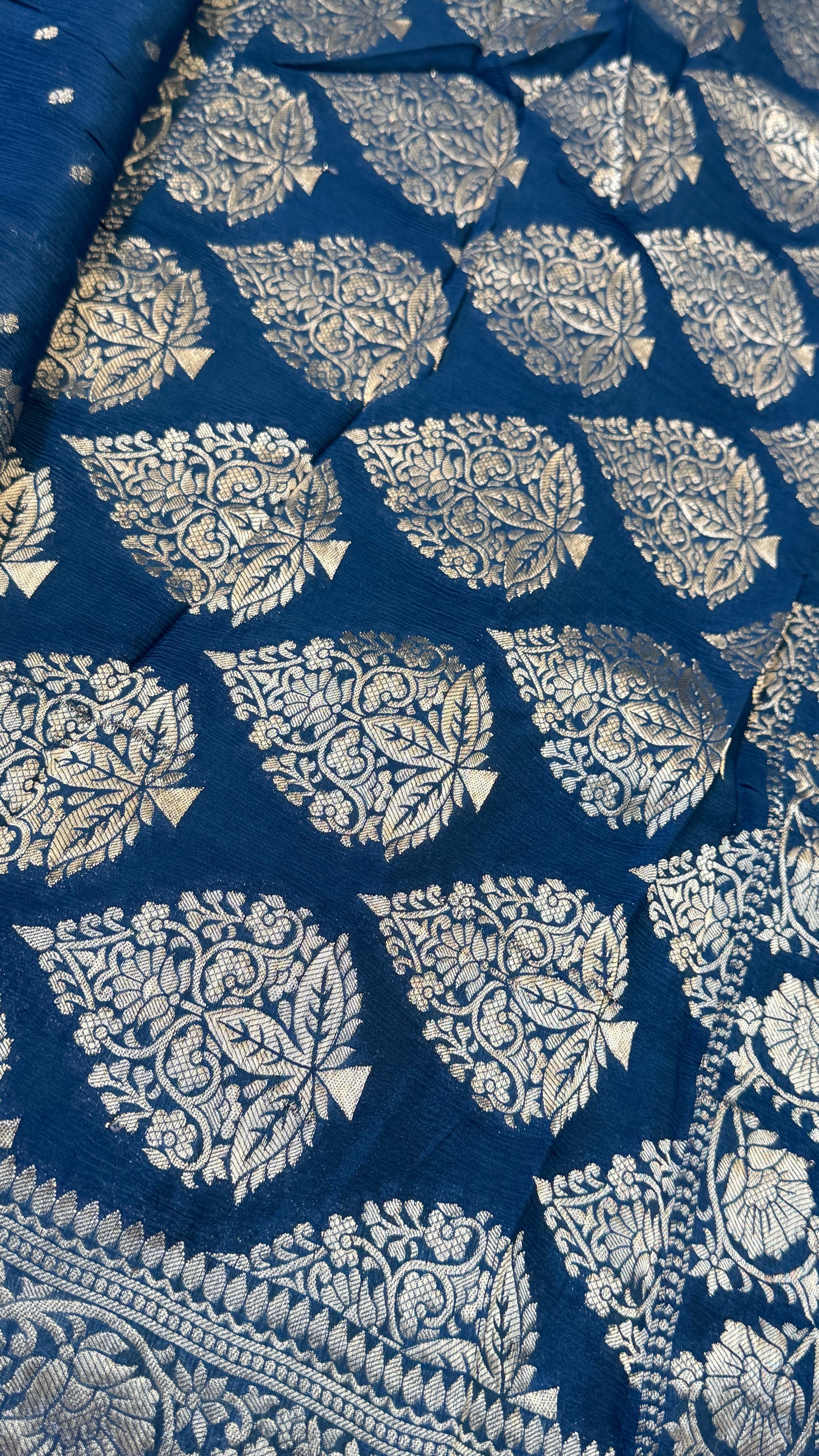 Pure Chinnon Crepe Banarasi Silk Saree – Peacock Blue