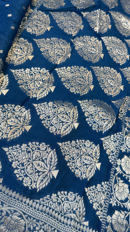 Pure Chinnon Crepe Banarasi Silk Saree – Peacock Blue