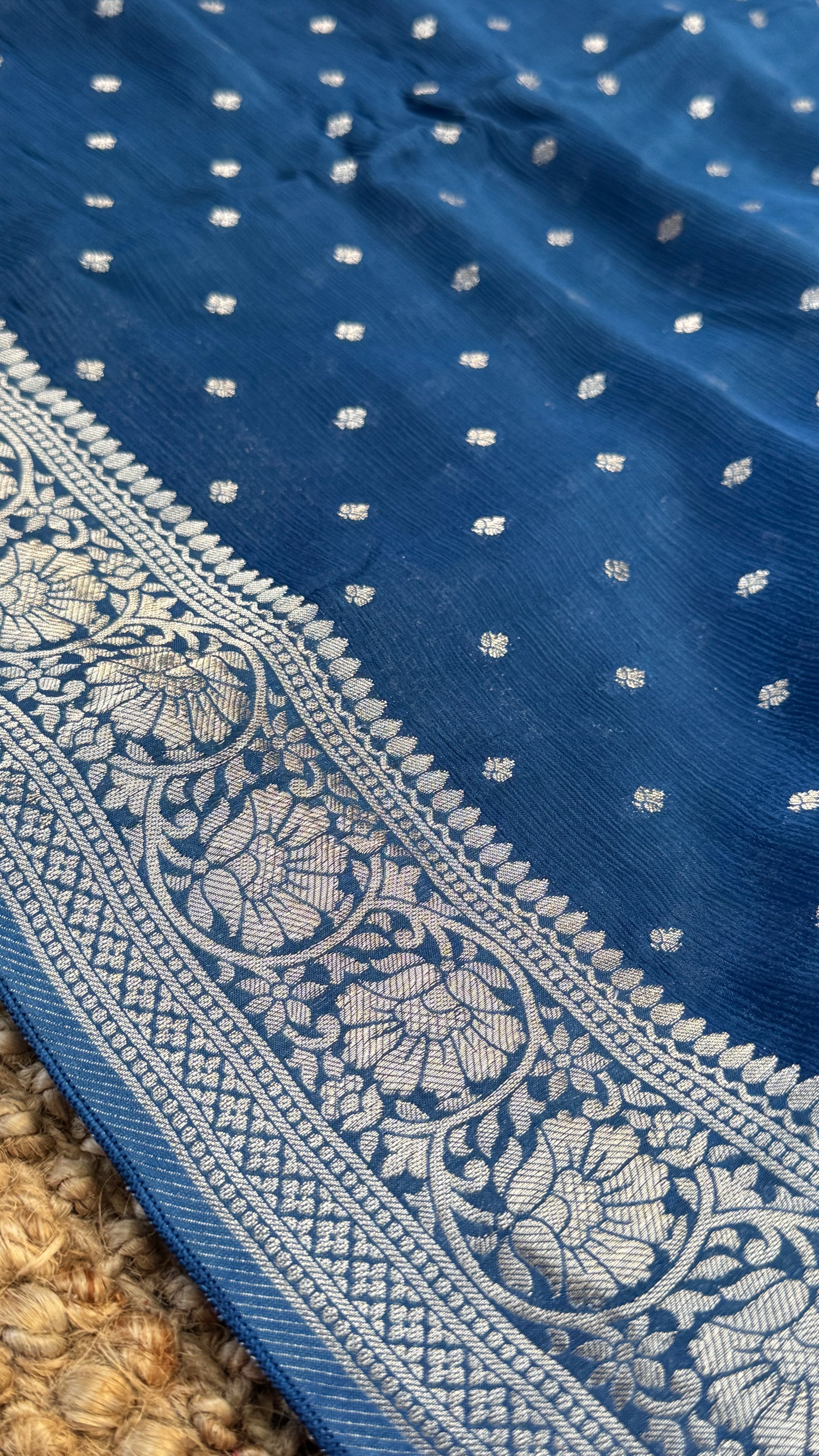 Pure Chinnon Crepe Banarasi Silk Saree – Peacock Blue