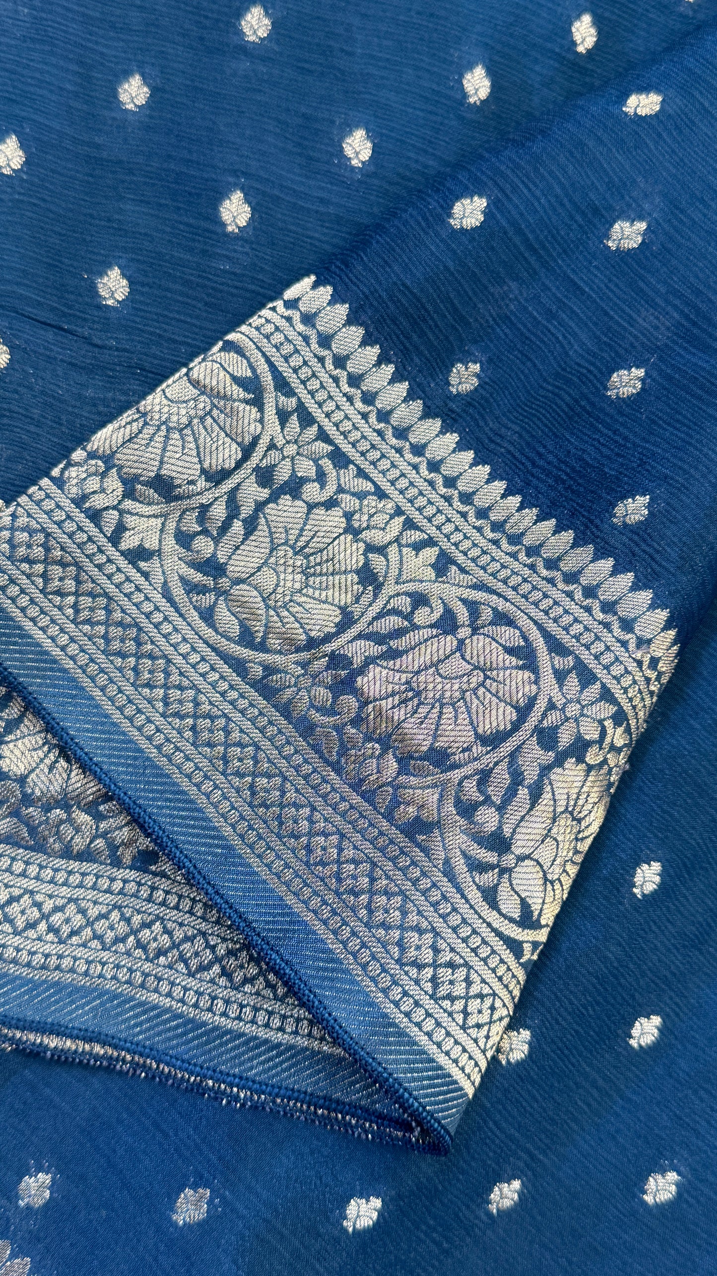 Pure Chinnon Crepe Banarasi Silk Saree – Peacock Blue