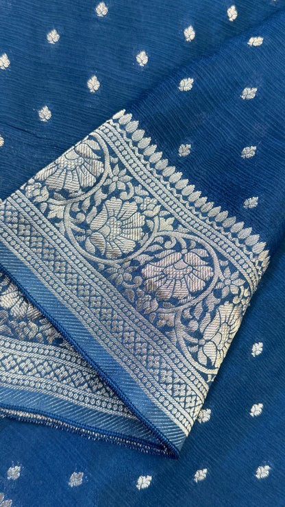 Pure Chinnon Crepe Banarasi Silk Saree – Peacock Blue