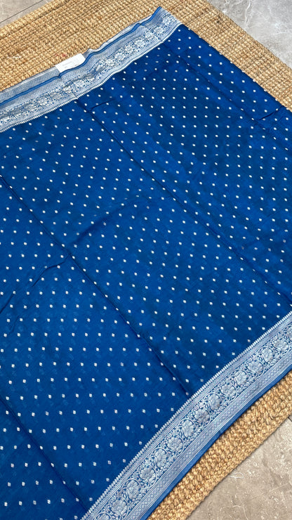 Pure Chinnon Crepe Banarasi Silk Saree – Peacock Blue