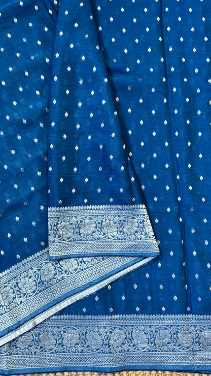 Pure Chinnon Crepe Banarasi Silk Saree – Peacock Blue