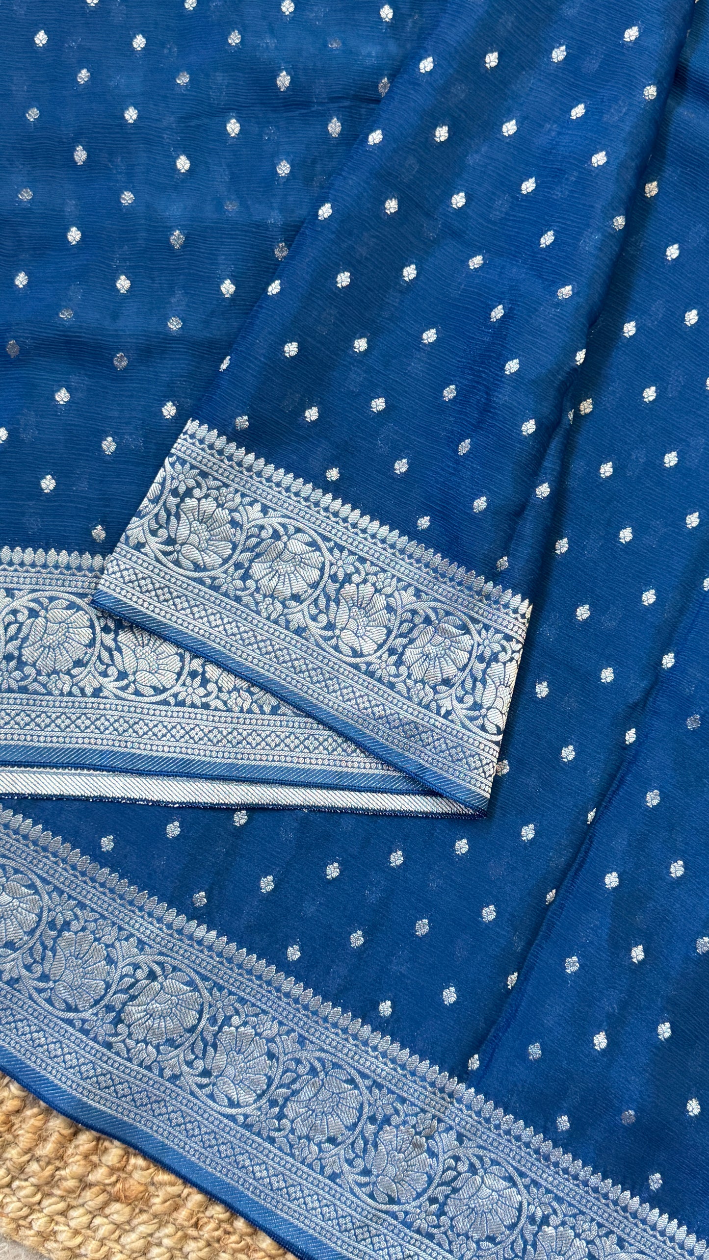 Pure Chinnon Crepe Banarasi Silk Saree – Peacock Blue