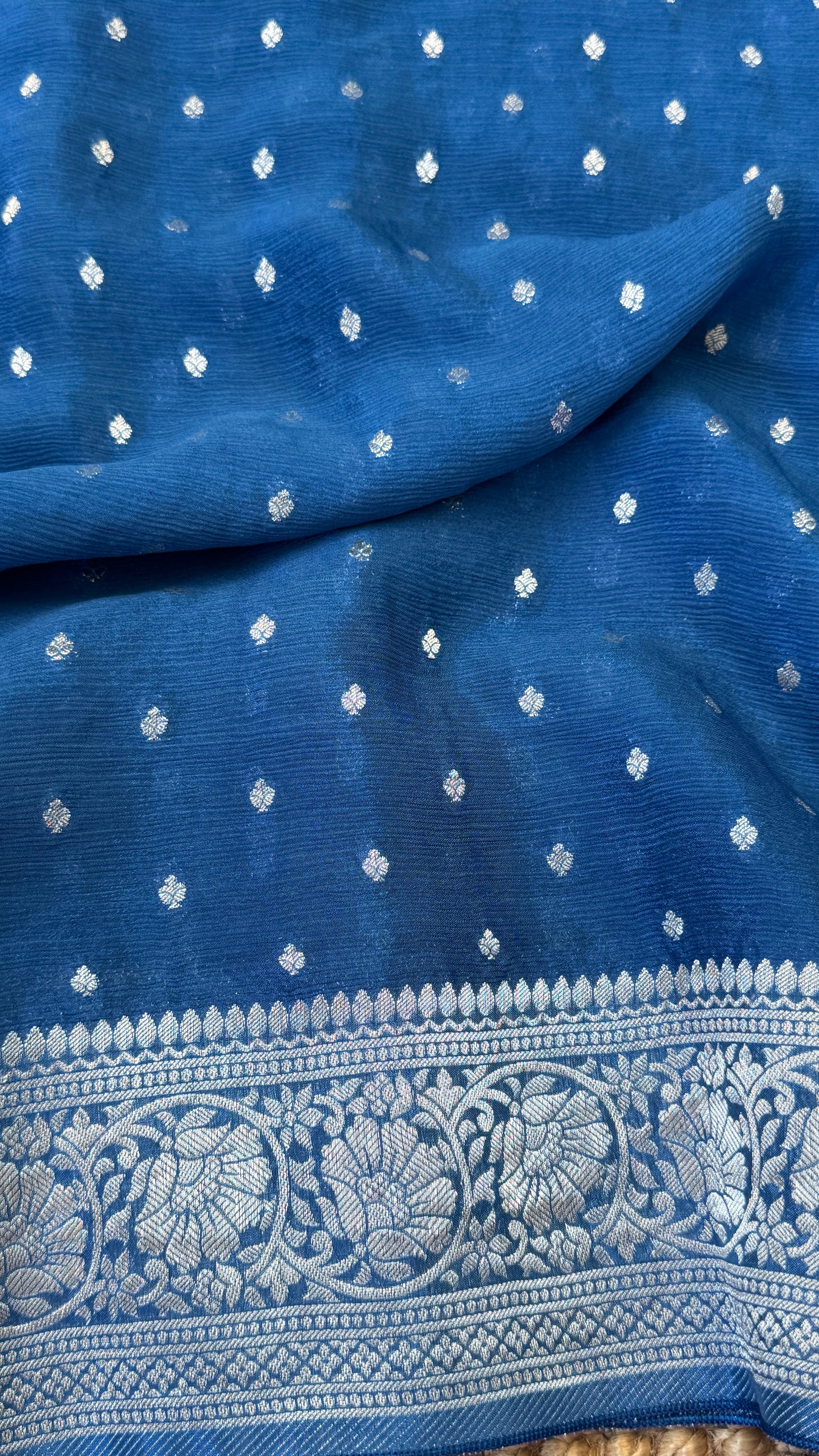 Pure Chinnon Crepe Banarasi Silk Saree – Peacock Blue