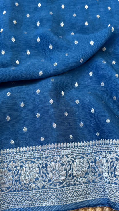Pure Chinnon Crepe Banarasi Silk Saree – Peacock Blue