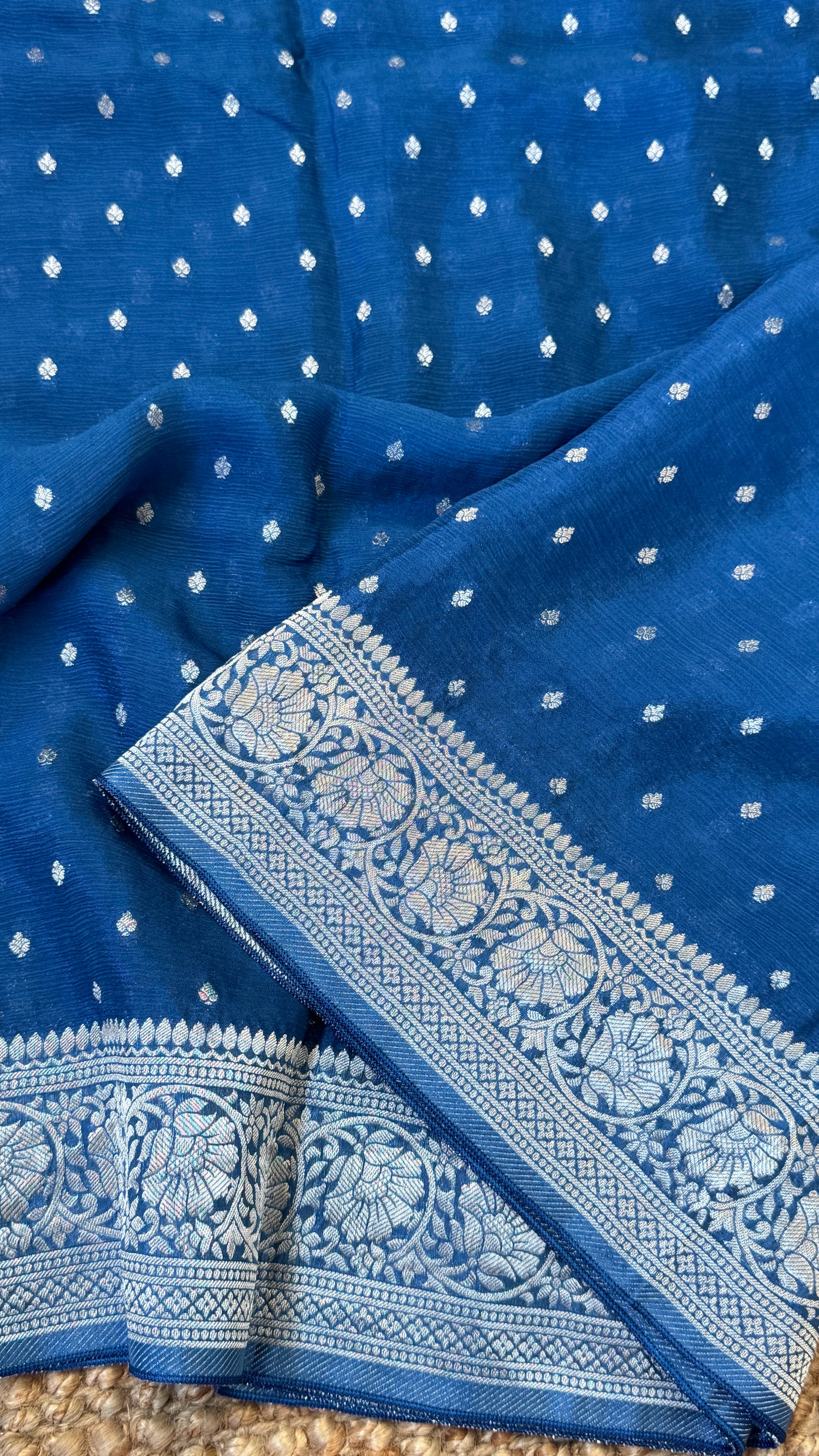 Pure Chinnon Crepe Banarasi Silk Saree – Peacock Blue