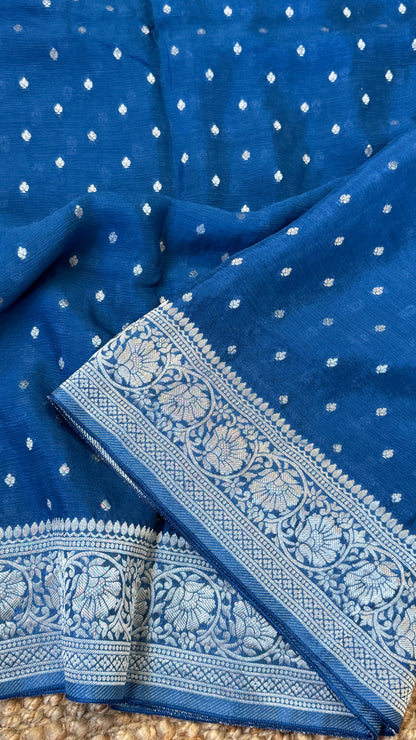 Pure Chinnon Crepe Banarasi Silk Saree – Peacock Blue