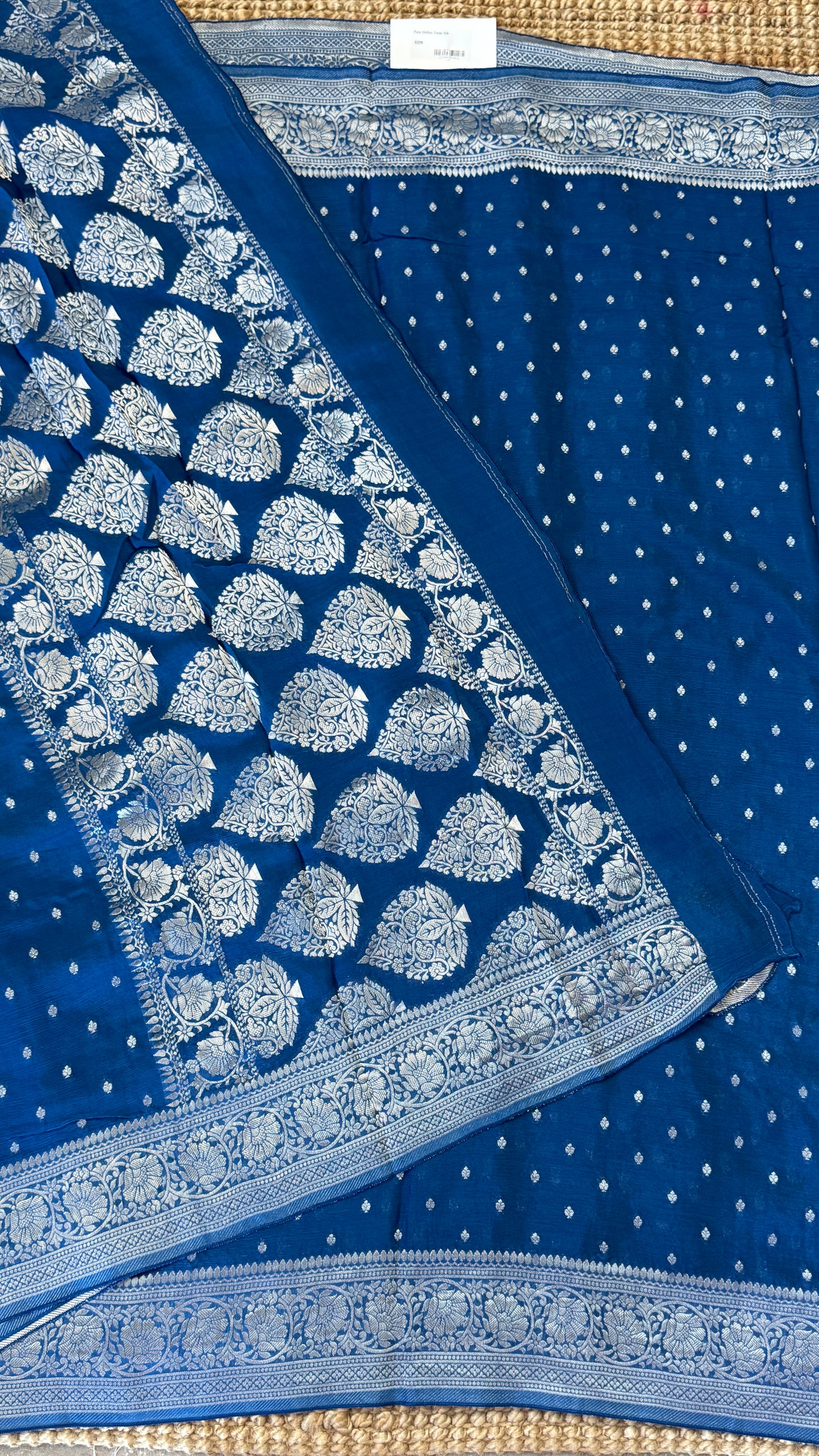 Pure Chinnon Crepe Banarasi Silk Saree – Peacock Blue