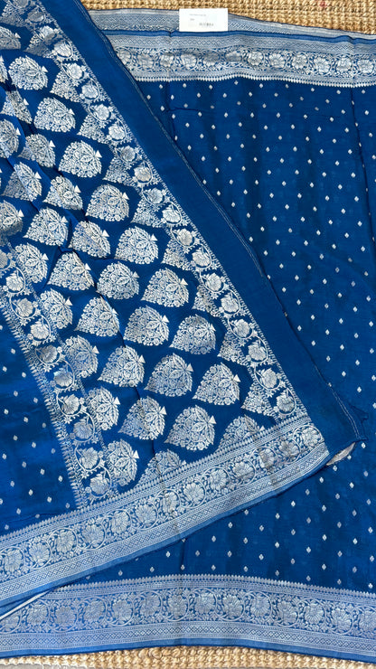 Pure Chinnon Crepe Banarasi Silk Saree – Peacock Blue