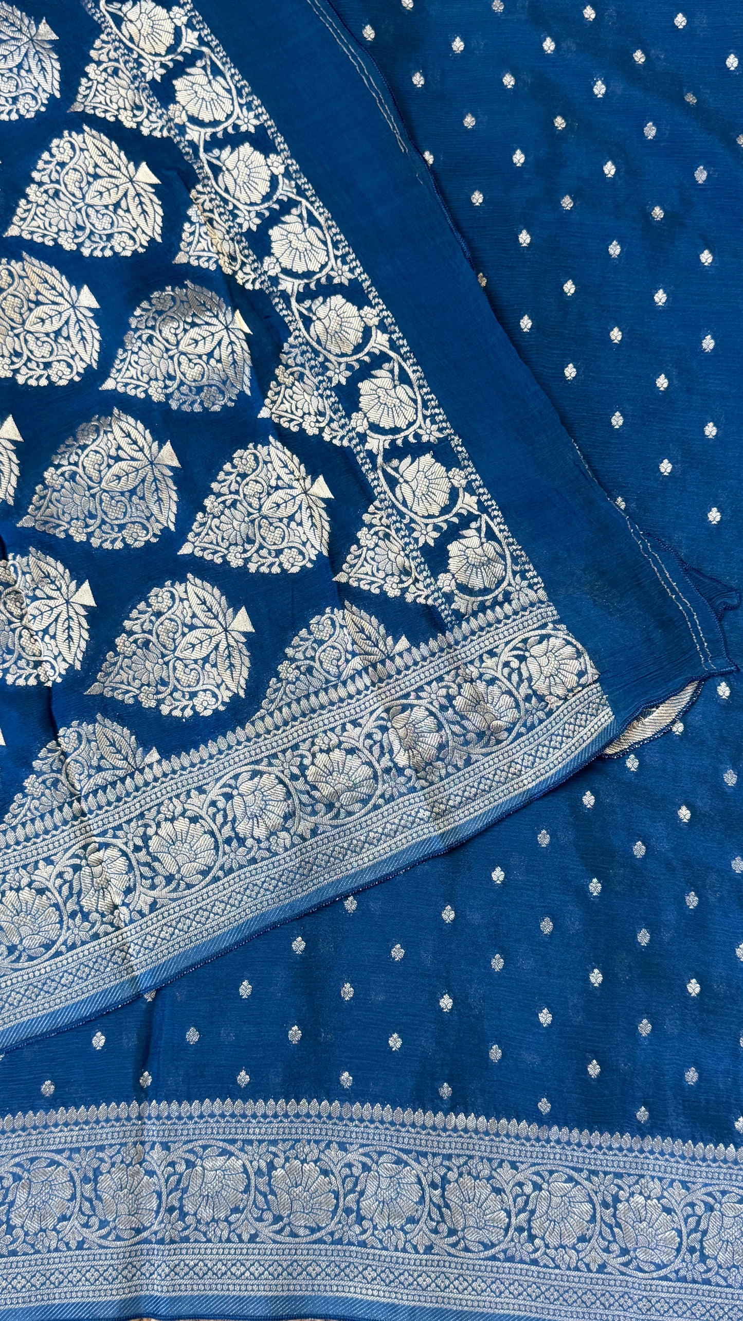 Pure Chinnon Crepe Banarasi Silk Saree – Peacock Blue