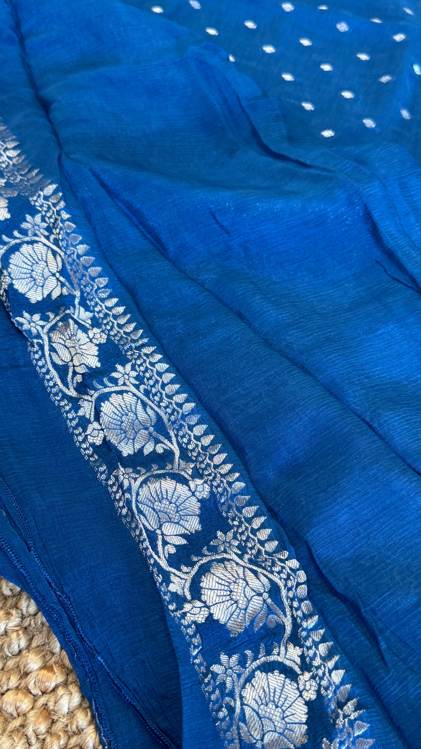 Pure Chinnon Crepe Banarasi Silk Saree – Peacock Blue