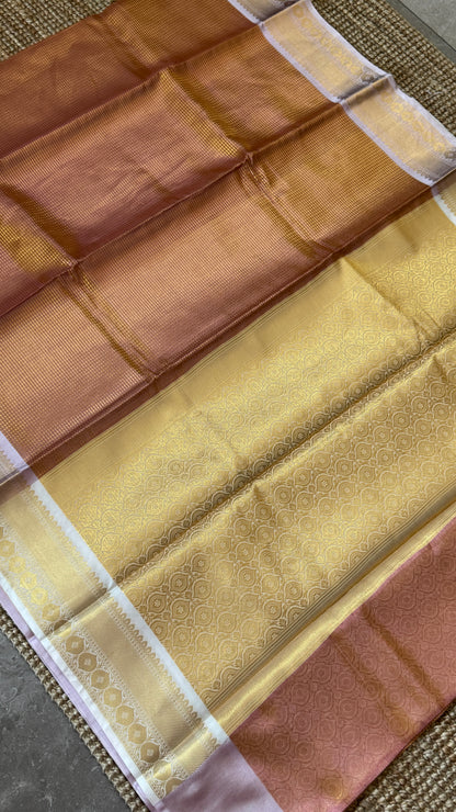 Copper Bronze Semi Tissue Silk Saree with Baby Pink Border