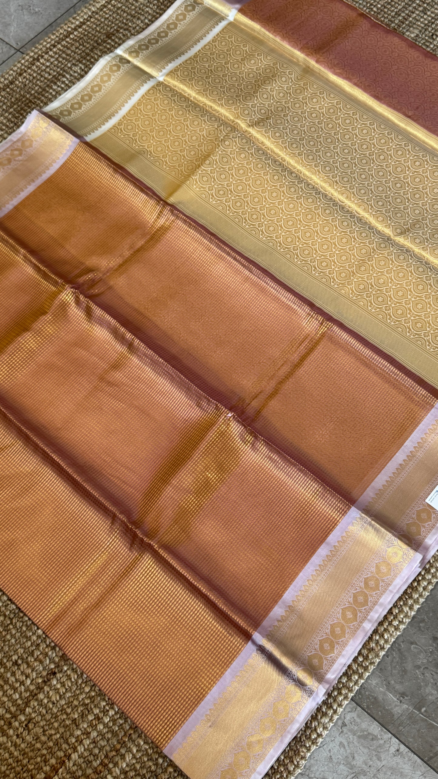 Copper Bronze Semi Tissue Silk Saree with Baby Pink Border