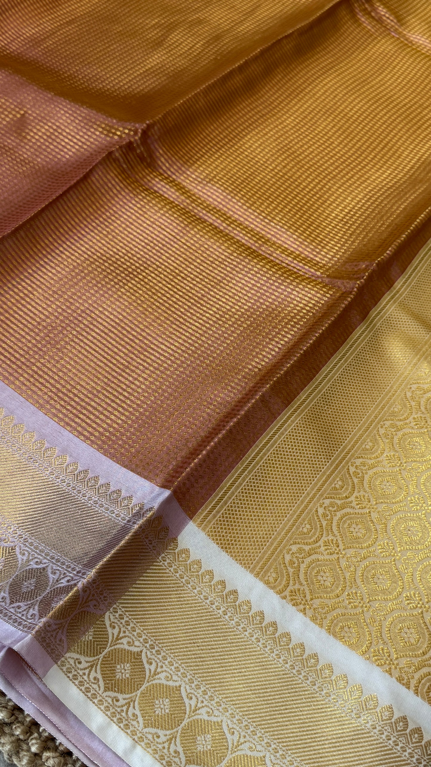Copper Bronze Semi Tissue Silk Saree with Baby Pink Border