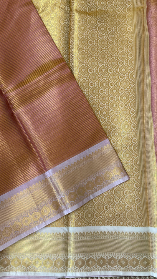 Copper Bronze Semi Tissue Silk Saree with Baby Pink Border
