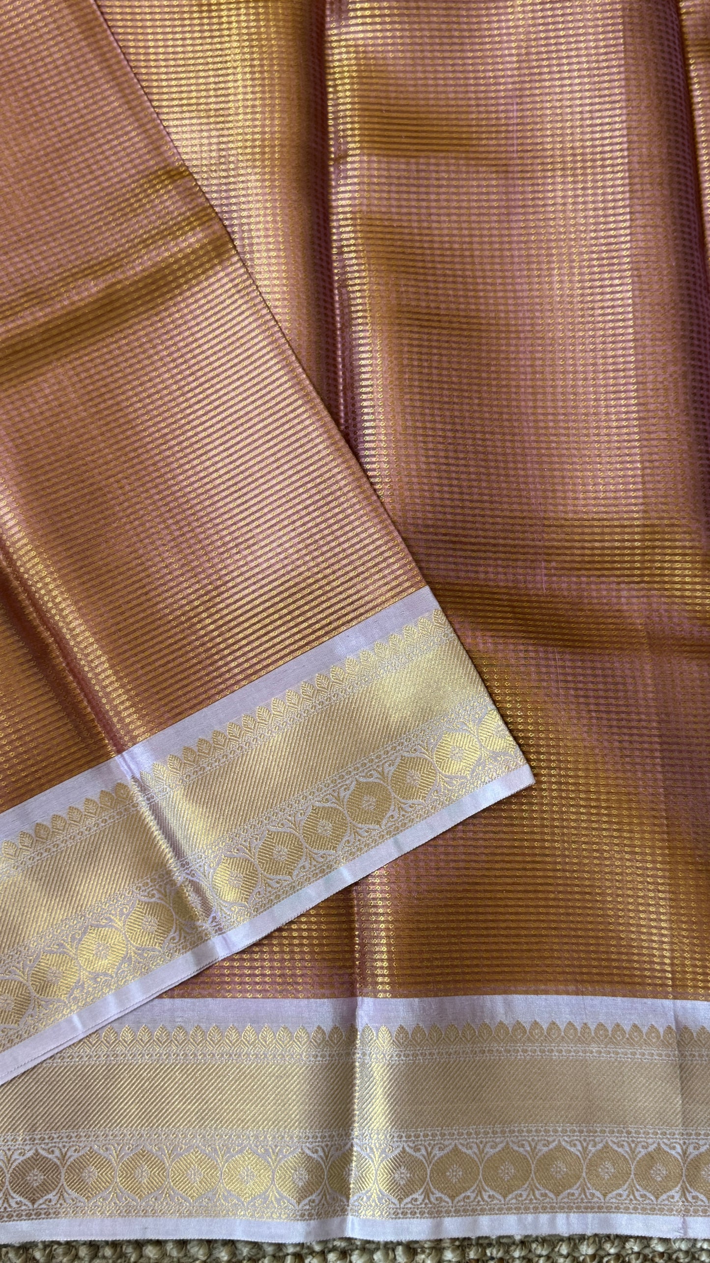 Copper Bronze Semi Tissue Silk Saree with Baby Pink Border