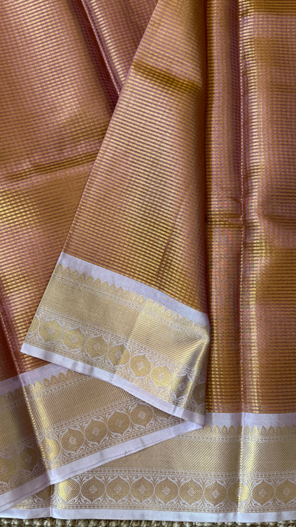 Copper Bronze Semi Tissue Silk Saree with Baby Pink Border