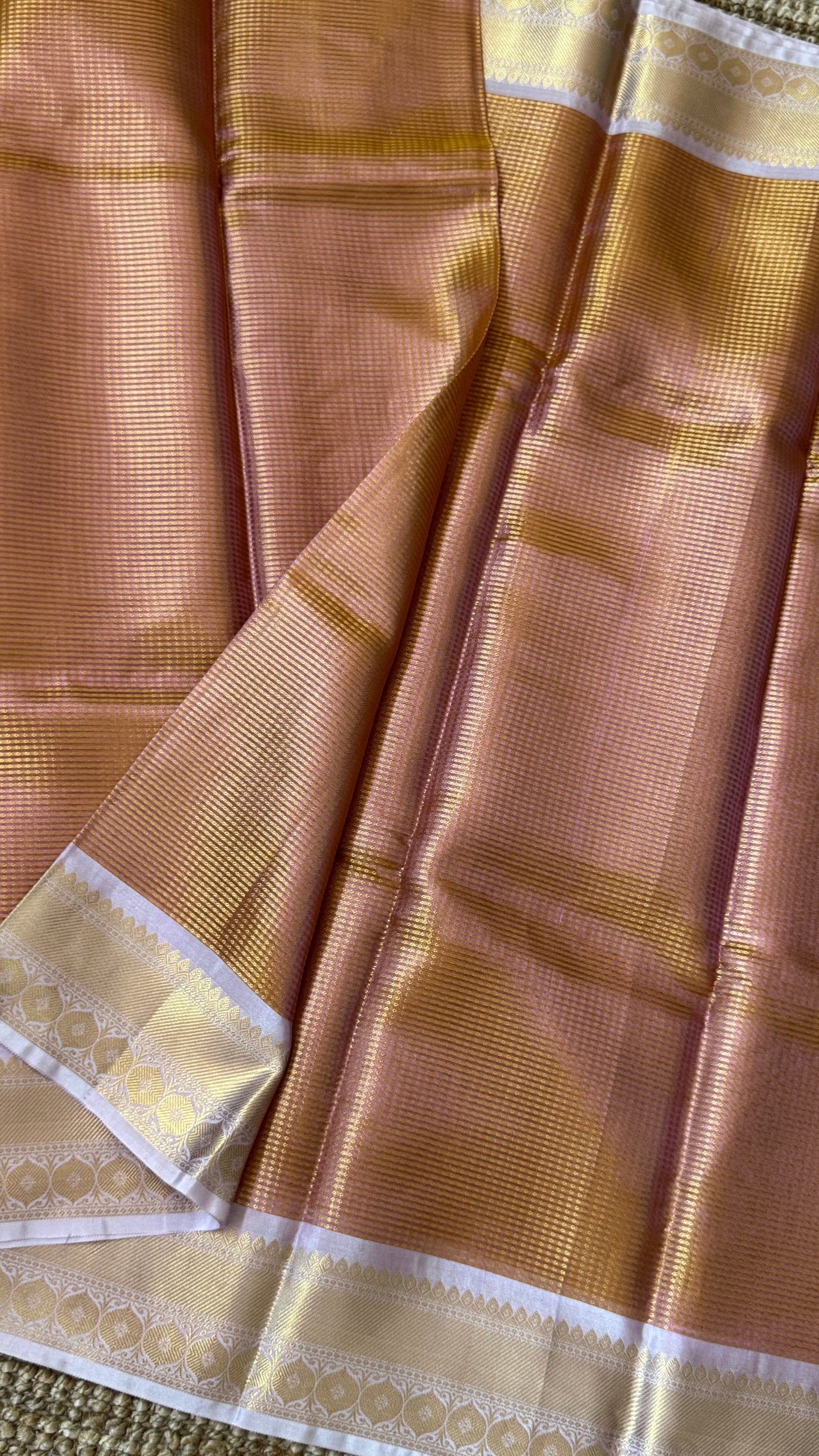 Copper Bronze Semi Tissue Silk Saree with Baby Pink Border