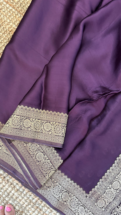 Pure Satin Silk Banarasi Saree in Deep Purple Shade