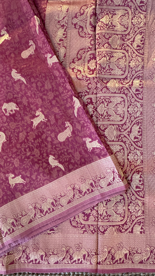 Soft Tissue Silk Saree in Unique Pink Shade with Intricate Animal Motifs
