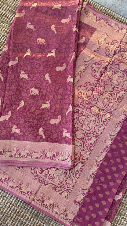 Soft Tissue Silk Saree in Unique Pink Shade with Intricate Animal Motifs