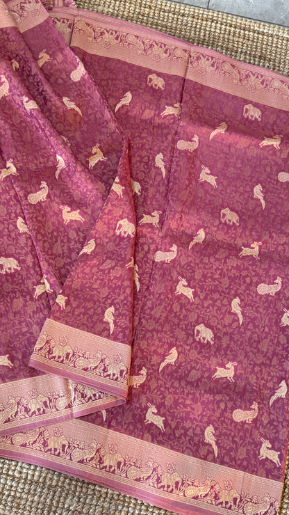 Soft Tissue Silk Saree in Unique Pink Shade with Intricate Animal Motifs