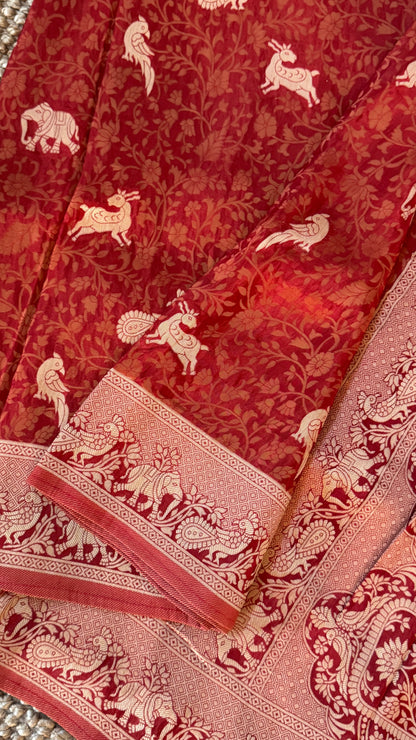 Soft Tissue Silk Saree in Unique Rust Shade with Intricate Animal Motifs