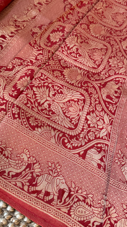 Soft Tissue Silk Saree in Unique Rust Shade with Intricate Animal Motifs