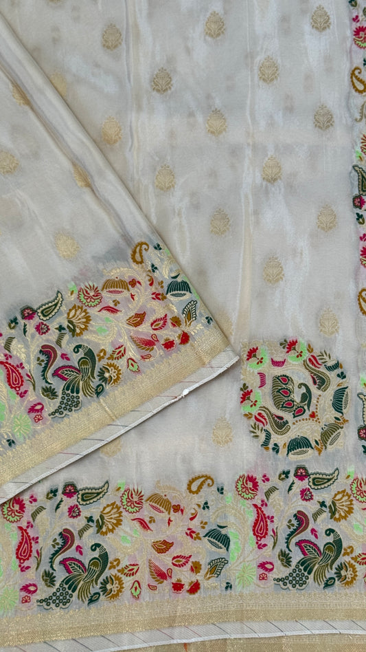 Soft Tissue Silk Saree – Elegant Half-white with Intricate Zari Weaving