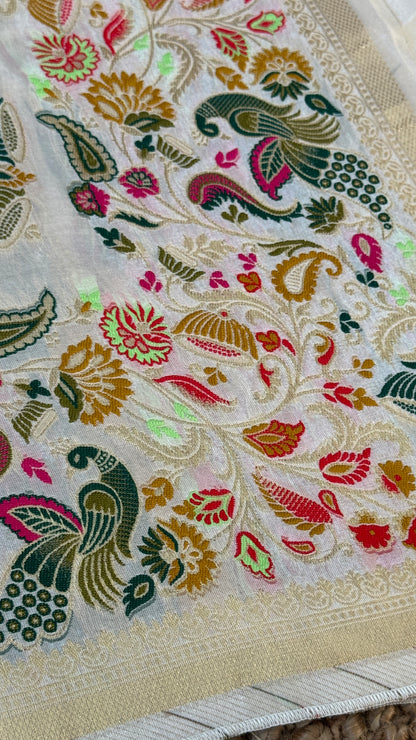 Soft Tissue Silk Saree – Elegant Half-white with Intricate Zari Weaving