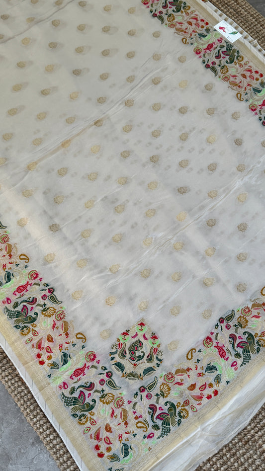 Soft Tissue Silk Saree – Elegant Half-white with Intricate Zari Weaving
