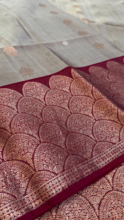 PURE SOFT SILK HANDLOOM SAREE – Nude with Maroon and Rose Gold Border