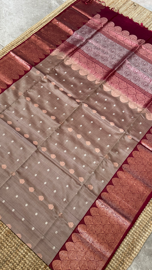 PURE SOFT SILK HANDLOOM SAREE – Nude with Maroon and Rose Gold Border