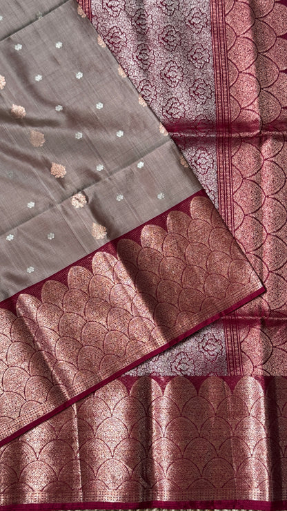 PURE SOFT SILK HANDLOOM SAREE – Nude with Maroon and Rose Gold Border