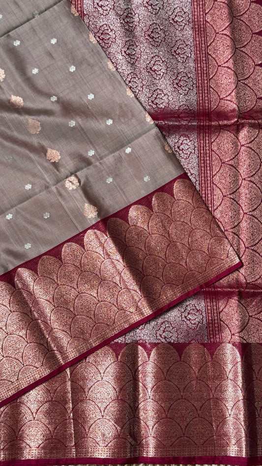 PURE SOFT SILK HANDLOOM SAREE – Nude with Maroon and Rose Gold Border
