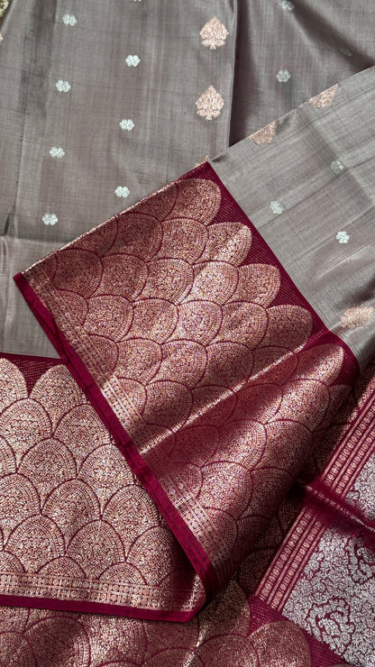 PURE SOFT SILK HANDLOOM SAREE – Nude with Maroon and Rose Gold Border
