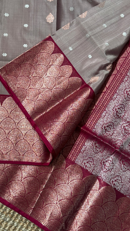 PURE SOFT SILK HANDLOOM SAREE – Nude with Maroon and Rose Gold Border