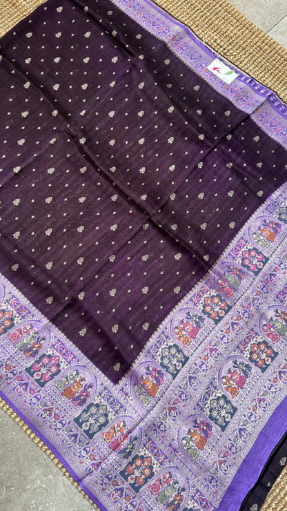Tussar Raw Silk Handloom – Paithani Borders - Deep Violet with Lavender