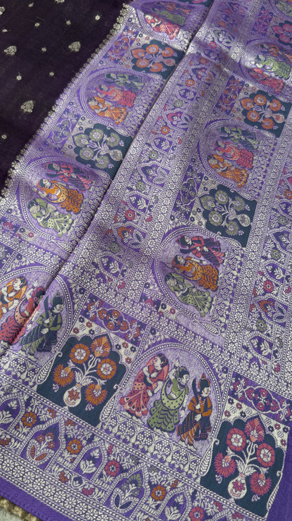 Tussar Raw Silk Handloom – Paithani Borders - Deep Violet with Lavender