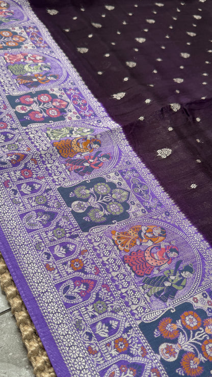 Tussar Raw Silk Handloom – Paithani Borders - Deep Violet with Lavender