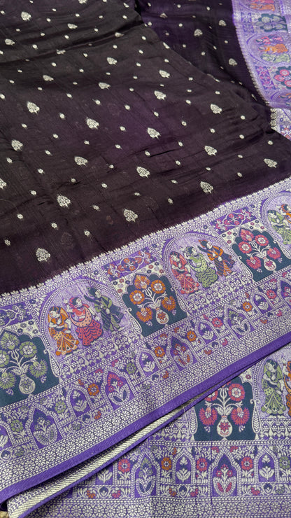 Tussar Raw Silk Handloom – Paithani Borders - Deep Violet with Lavender