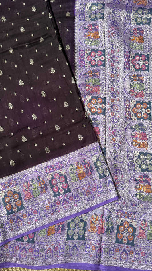 Tussar Raw Silk Handloom – Paithani Borders - Deep Violet with Lavender