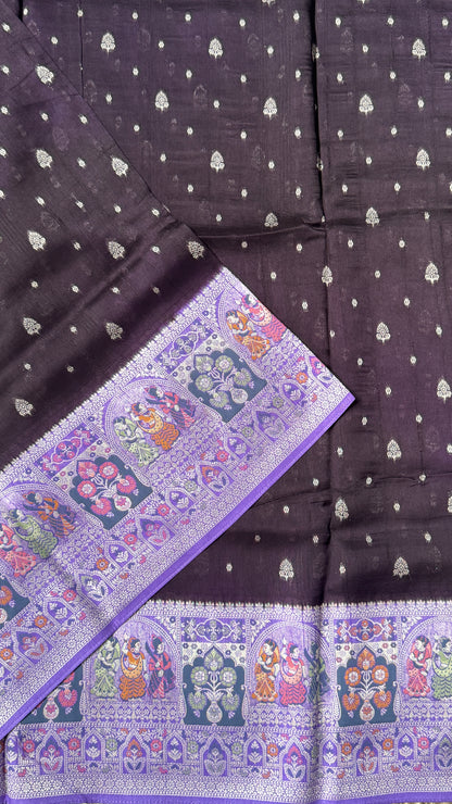 Tussar Raw Silk Handloom – Paithani Borders - Deep Violet with Lavender