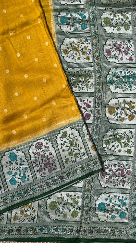 Tussar Raw Silk Handloom – Paithani Borders - Mustard with Green