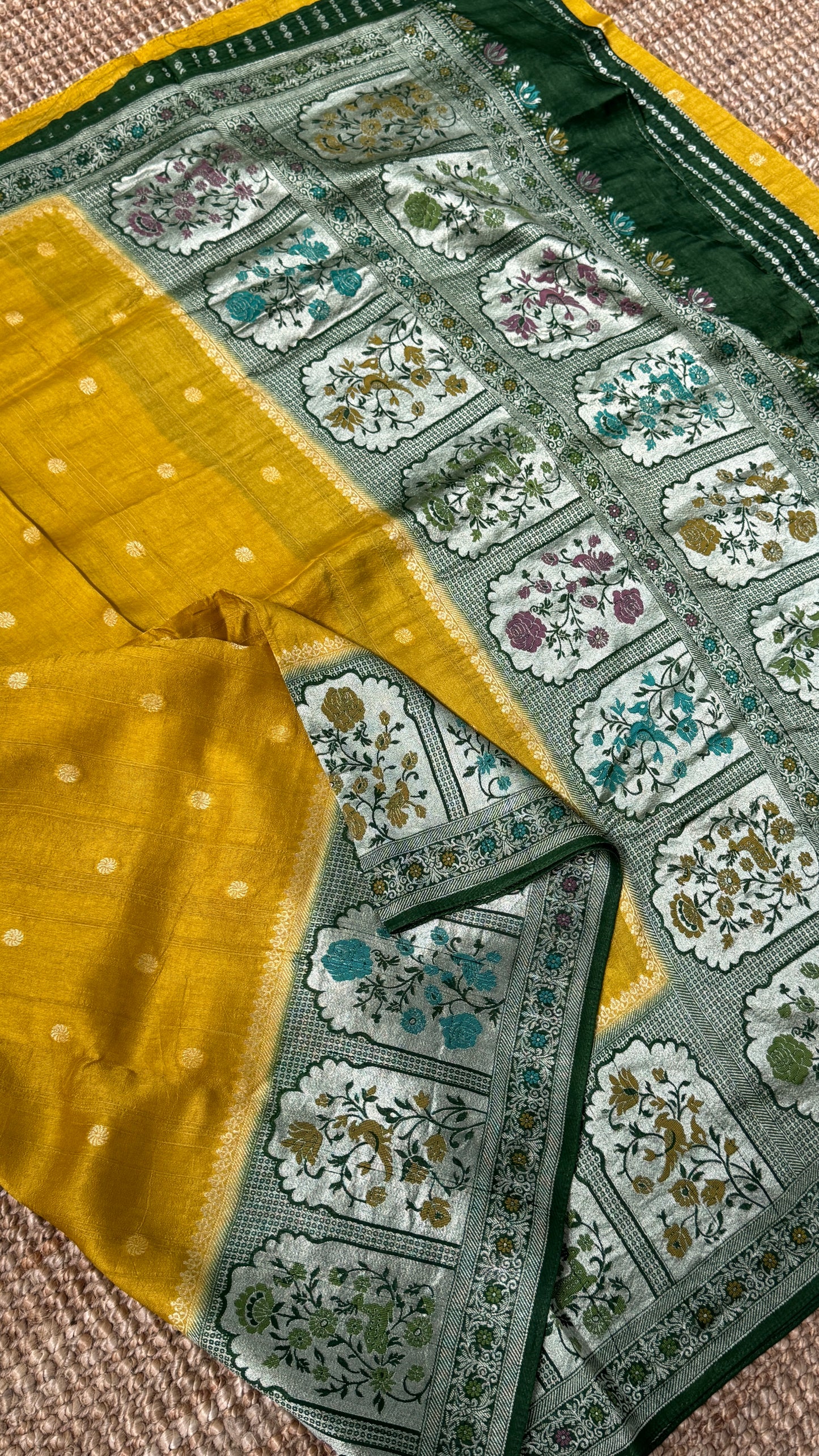Tussar Raw Silk Handloom – Paithani Borders - Mustard with Green