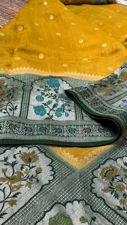 Tussar Raw Silk Handloom – Paithani Borders - Mustard with Green