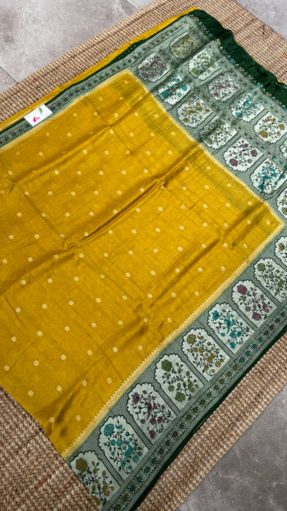 Tussar Raw Silk Handloom – Paithani Borders - Mustard with Green