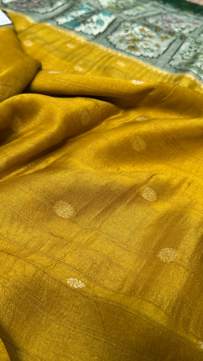 Tussar Raw Silk Handloom – Paithani Borders - Mustard with Green