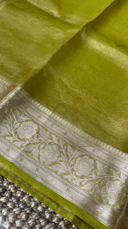 Pure Tissue Silk Saree in Light Olive Green with Banarasi Gold Zari Border